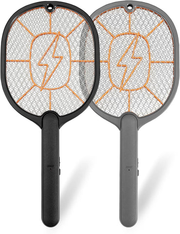 2-Pack Electric Fly Swatter – Battery Powered Mosquito & Bug Zapper Racket with Safe Mesh & Wall-Mount Design for Indoor and Outdoor Use (Black & Gray)