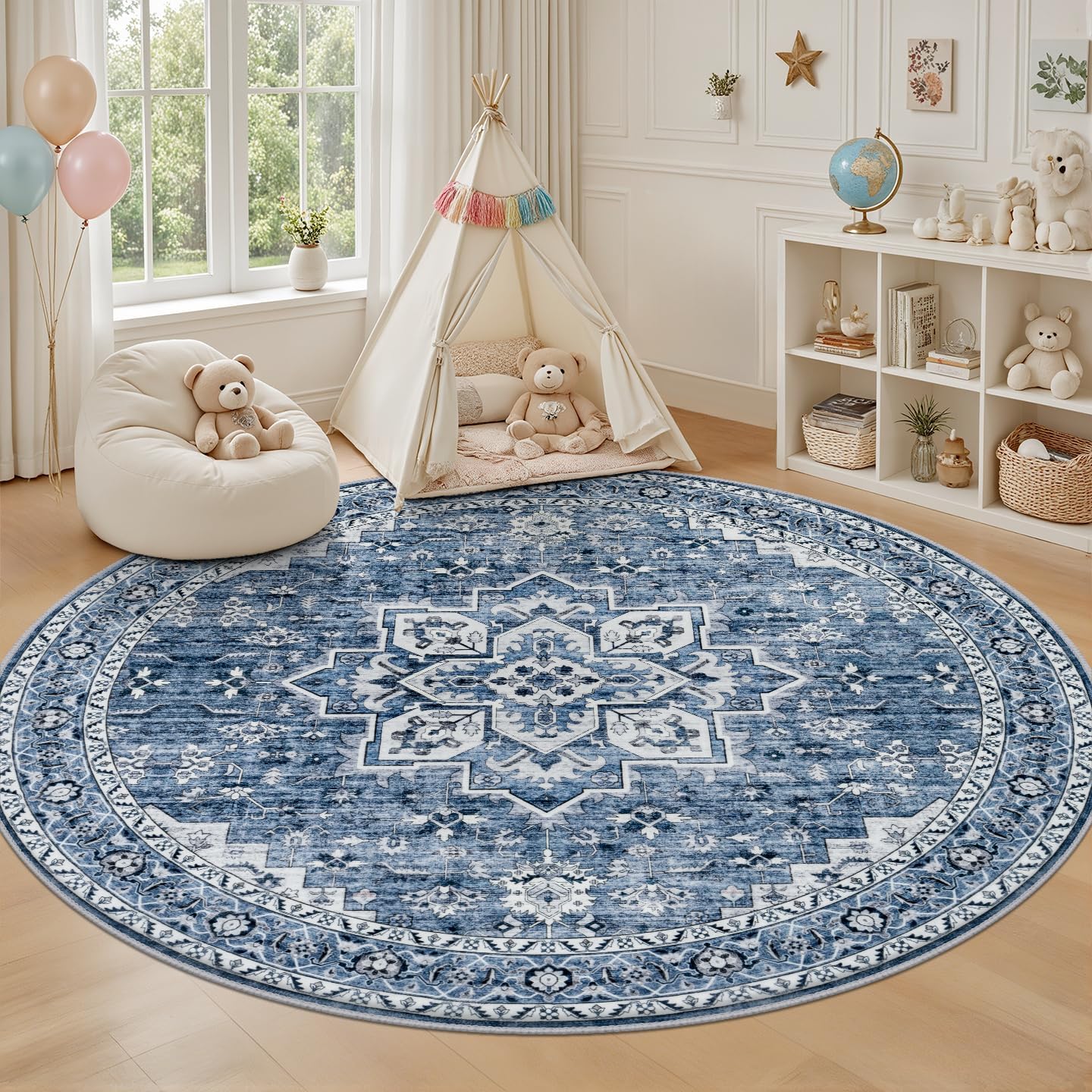 Round Area Rug for Living Room: 6ft Washable Rug for Bedroom Blue