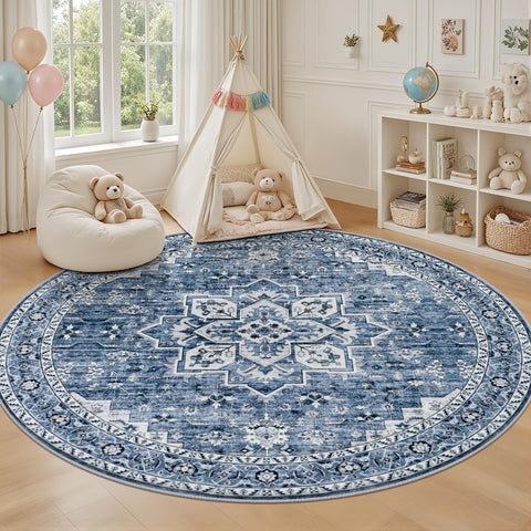 Round Area Rug for Living Room: 6ft Washable Rug for Bedroom Blue
