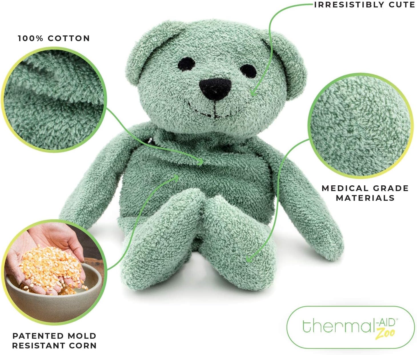 Thermal-Aid® (Hunter The Green Bear) – Washable Heating Pad & Ice Pack – Plush Hot/Cold Pack with Natural Corn Filling – Reusable Comfort