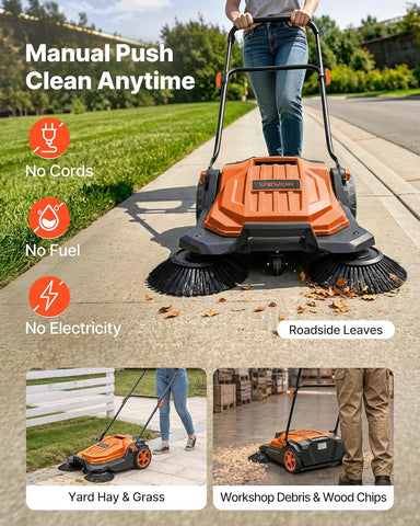 VEVOR Walk-Behind Hand Push Floor Sweeper, Manual Floor Sweeper Non-Electric with 25.6" Sweeping Width, 5 Gallons Waste Container & Adjustable Folding Handle for Yards Walkways Patios Garages - Orange