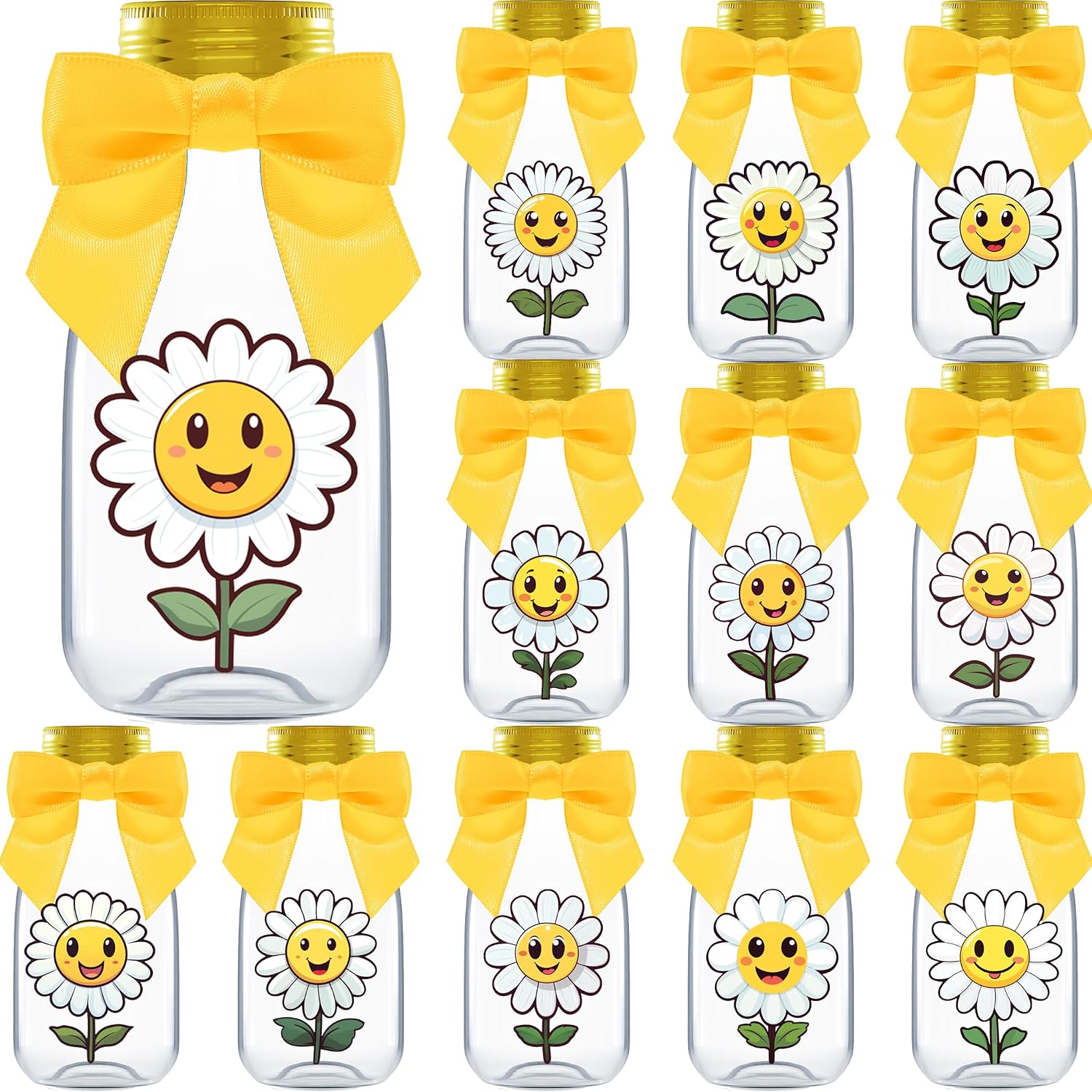 Ethisa Small 12 Pack Daisy Party Favors - DIY Candy Jars with Ribbons and Stickers - Party Decoration Bottles for Birthday, School Classroom and Baby Shower - Flower Table Centerpiece Gifts for Kids