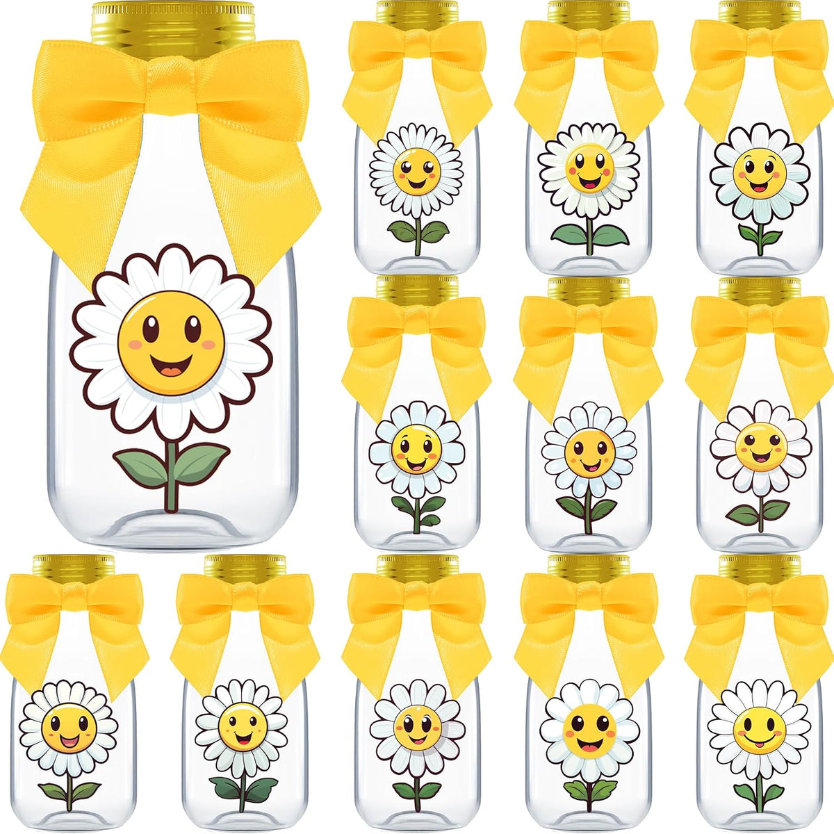 Ethisa Small 12 Pack Daisy Party Favors - DIY Candy Jars with Ribbons and Stickers - Party Decoration Bottles for Birthday, School Classroom and Baby Shower - Flower Table Centerpiece Gifts for Kids