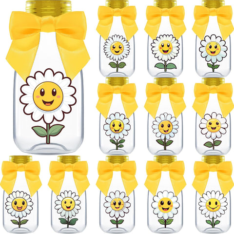 Ethisa Small 12 Pack Daisy Party Favors - DIY Candy Jars with Ribbons and Stickers - Party Decoration Bottles for Birthday, School Classroom and Baby Shower - Flower Table Centerpiece Gifts for Kids