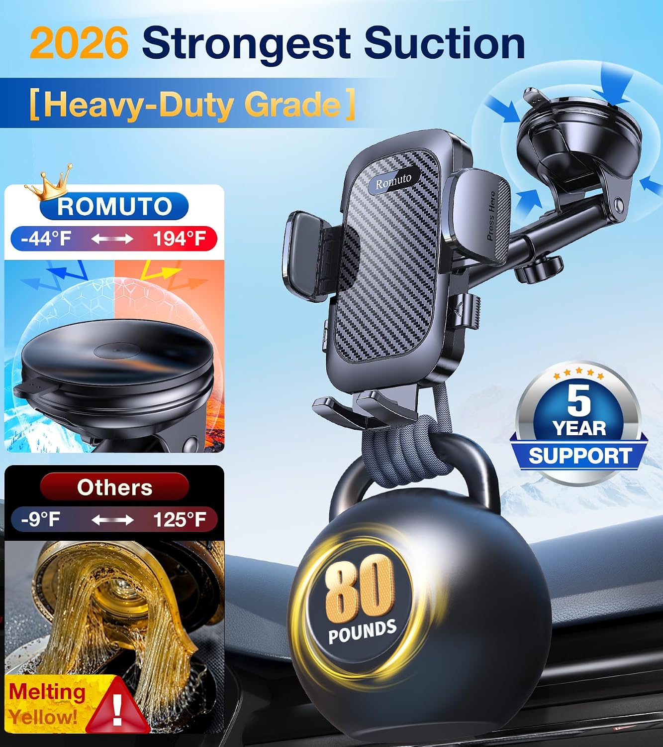 Romuto Phone Holders for Your Car Phone Holder Mount【Super Suction】Cell Phone Holder for Car Accessories for Women Men【360° Adjustable】Suction Phone Mount for Car, Window, Bathroom for iPhone Samsung