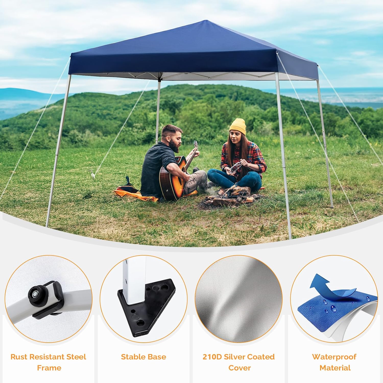 VINGLI 8x8 ft Pop Up Canopy Tent, Outdoor Foldable Portable Canopy for Camping, Patio, Easy Up Gazebo with Carry Bag Slant Legs