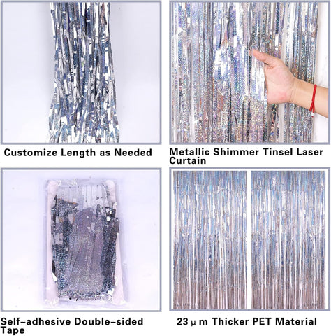 PIGETALE Glitter Silver Backdrop, 2 Pack 3.2 x 8.2 ft Fringe Curtains