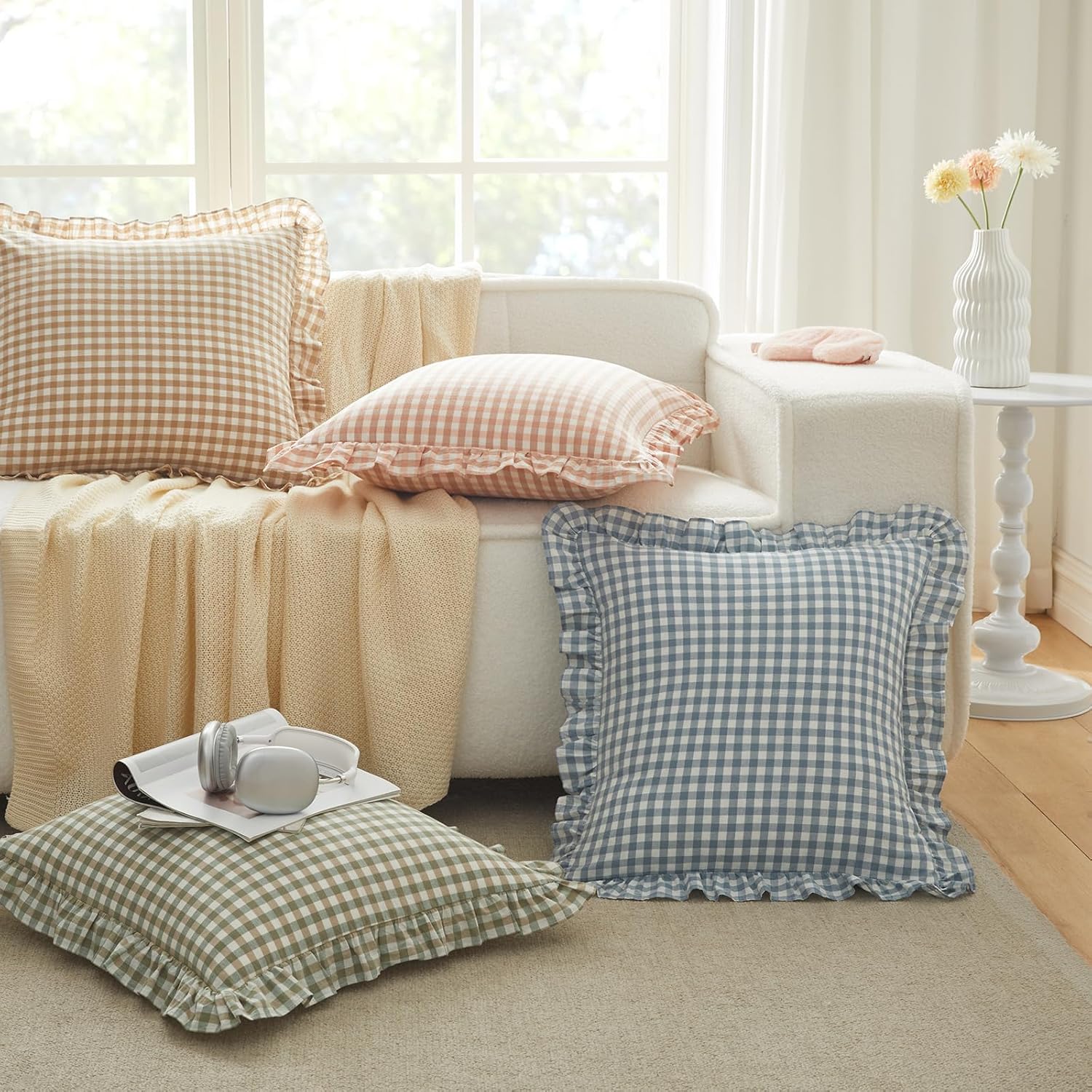 KKJIAF 2 Pcs Ruffle Gingham Pillow Covers 18" x 18", Taupe/White Plaid