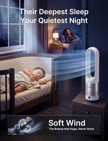 Bladeless Fan for Bedroom, 22" Tower Fan with Remote, 8 Speeds, 9 Hour Timer, 90° Oscillating, LED Display with Auto Off, Easy to Clean, Bladeless Desk Fan for Bedroom, Kitchen, Office