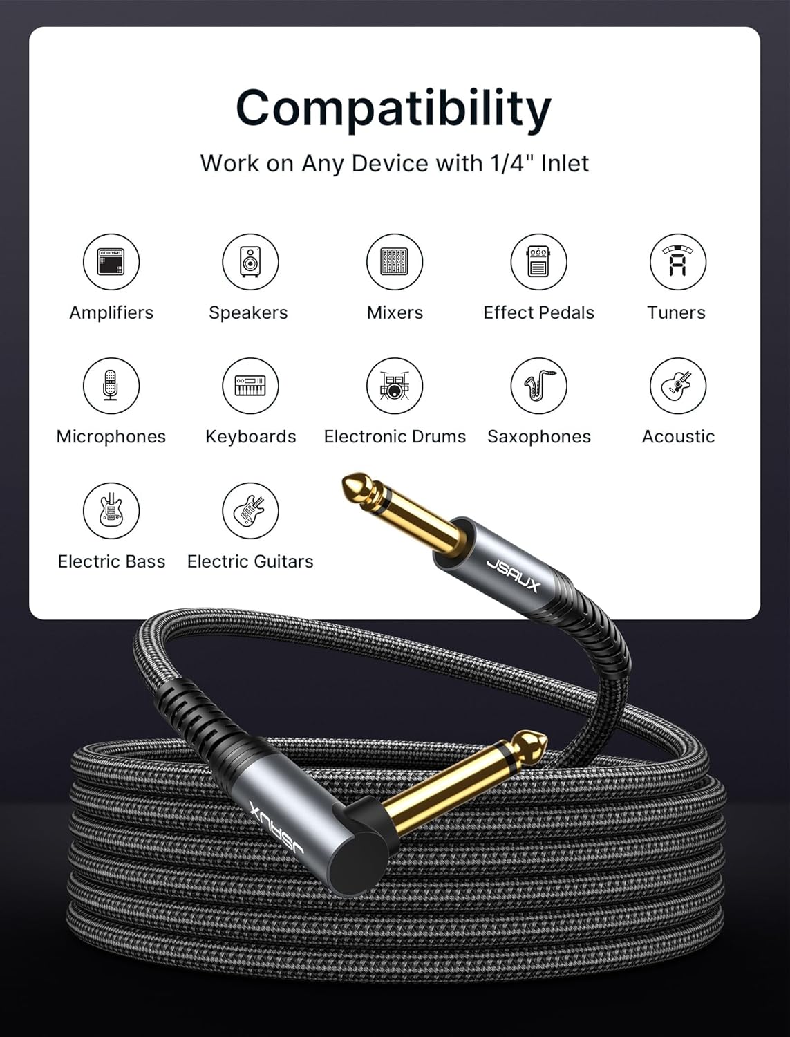 JSAUX Guitar Cable 6.6 ft, Amp Cord for Electric Guitar/Mandolin/Bass, Pro Audio Instrument Cable with 1/4" Tips(TS Port) Right Angle to Straight-Gray