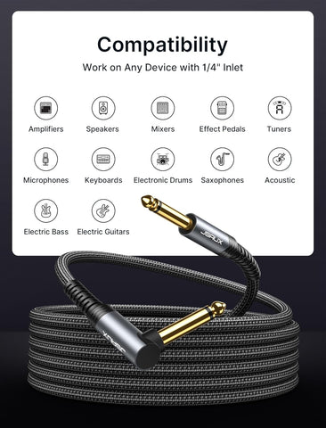 JSAUX Guitar Cable 6.6 ft, Amp Cord for Electric Guitar/Mandolin/Bass, Pro Audio Instrument Cable with 1/4" Tips(TS Port) Right Angle to Straight-Gray