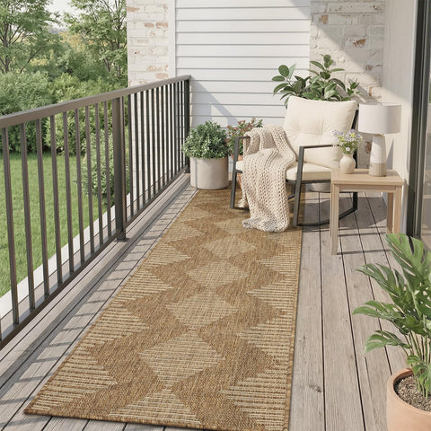 MontVoo-2x6 ft Indoor Outdoor Runner Rugs for Entryway Porch Hallway Kitchen Door Entrance Long, Textured Weave Polypropylene, Durable for High Traffic, Fade-Resistant, Boho Geometric Neutral Brown
