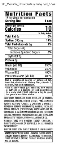Monster Energy Ultra Fantasy Ruby Red, Sugar Free Energy Drink, 16 Ounce | Pack of 15