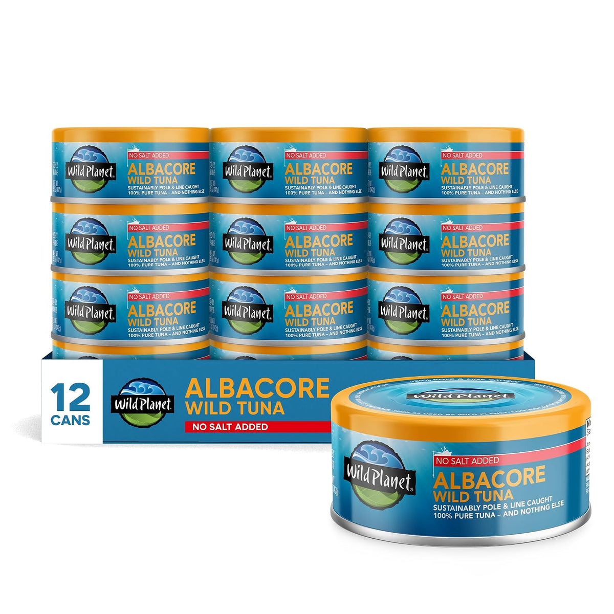 Wild Planet Wild Albacore Tuna, No Salt Added, 5 Ounce Can, Pack of 12 | Sustainable Pole & Line Caught Canned Tuna. Non-GMO, Gluten Free, Kosher, Dairy Free, Keto & Paleo Friendly