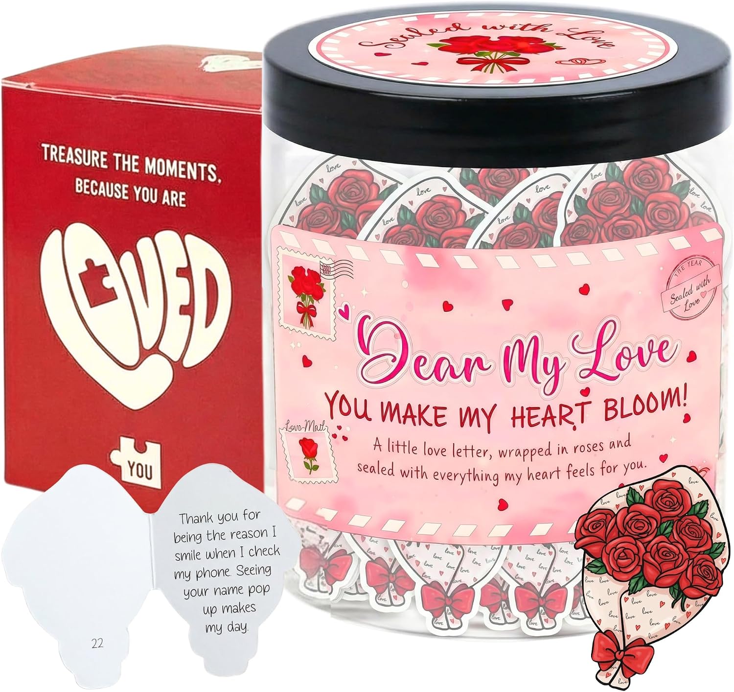 Love Notes Jar with 60 Romantic Messages - Valentines Day Gifts for Him, Her - Romantic Long Distance Relationship Gifts for Him, Her - Sweet Love Keepsake for Couples, Gift-Ready Jar