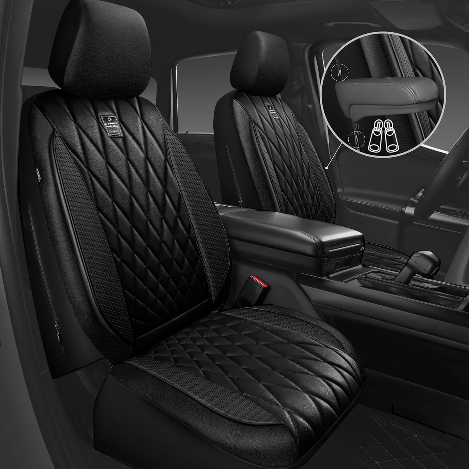 CAR PASS 5 Seats Piping Luxury Faux Leather Seat Covers Full Set, Anti-Slip Waterproof Seat Covers Compatible with Front Armrests, Universal Fit for Suvs,Vans,Trucks,Airbag Compatible, Pure Black