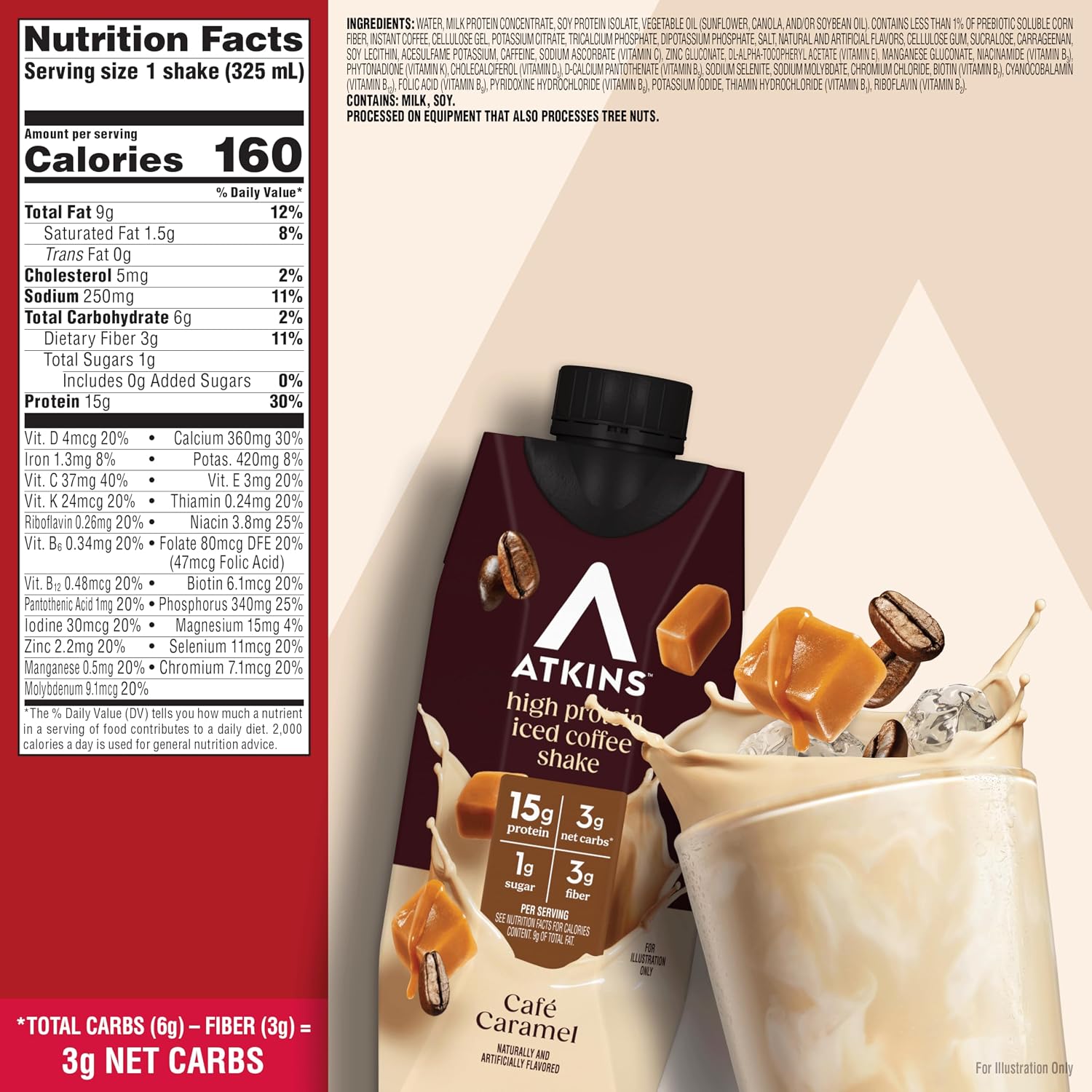 Atkins Café Caramel Iced Coffee Flavored High Protein Shake, 12 Count