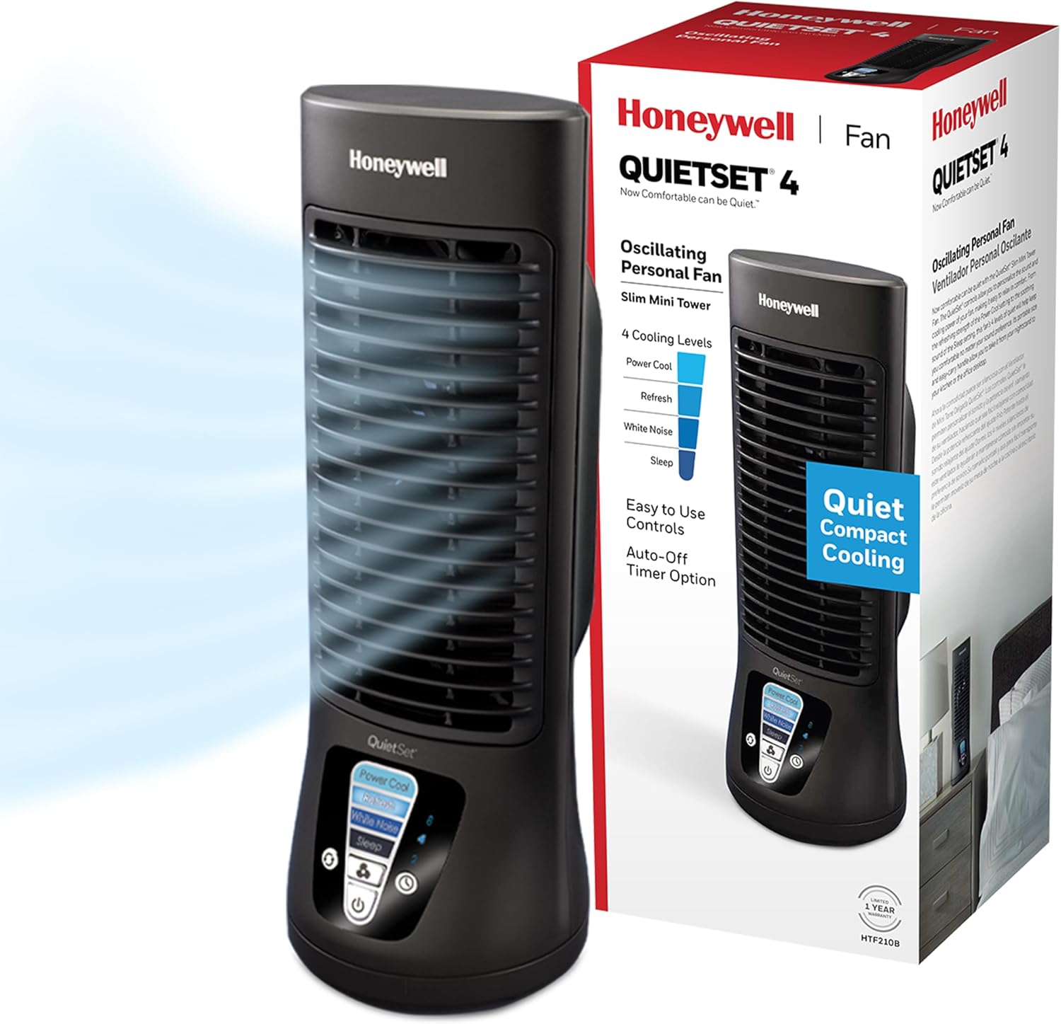 Honeywell QuietSet Personal Table Fan, Oscillating Personal Desk Fan with Quiet Operation, 4 Levels of Power and Sound, Black, HTF210B, Pack of 2