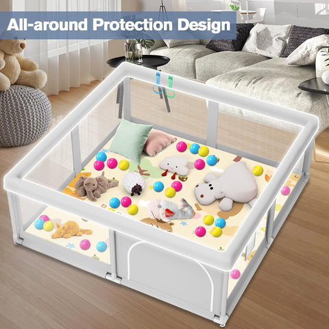 Baby Playpen with Mat, 50 x 50 inch, PlayPen for Babies and Toddlers, Sturdy Safety Play Pen with Soft Breathable Mesh (Ball and Pull Rings Included)
