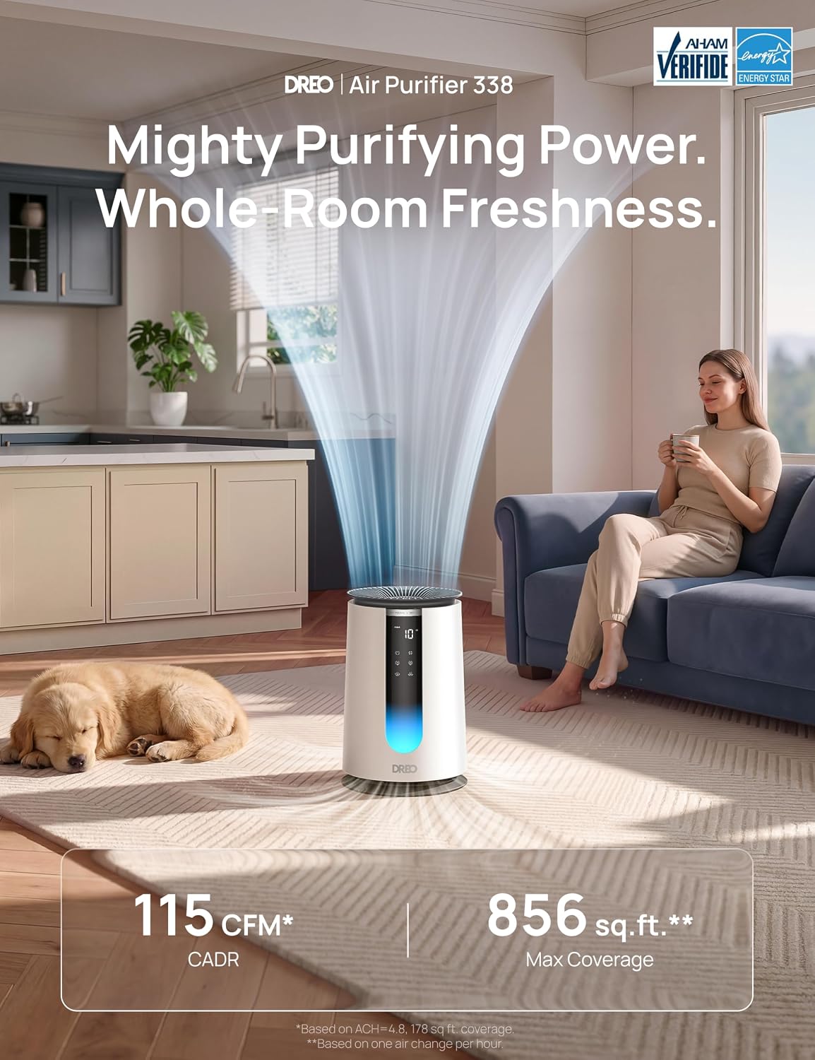 DREO Air Purifier for Home, HEPA Sleep Mode, AHAM VERIFIDE Air Purifiers for Bedroom, Pets, Smoke, Dust, Pollen & Odors, PM2.5 Monitor, Auto & Turbo Mode, 4 Speeds, Scent Diffuser, DR-HAP008(Dreo 338)
