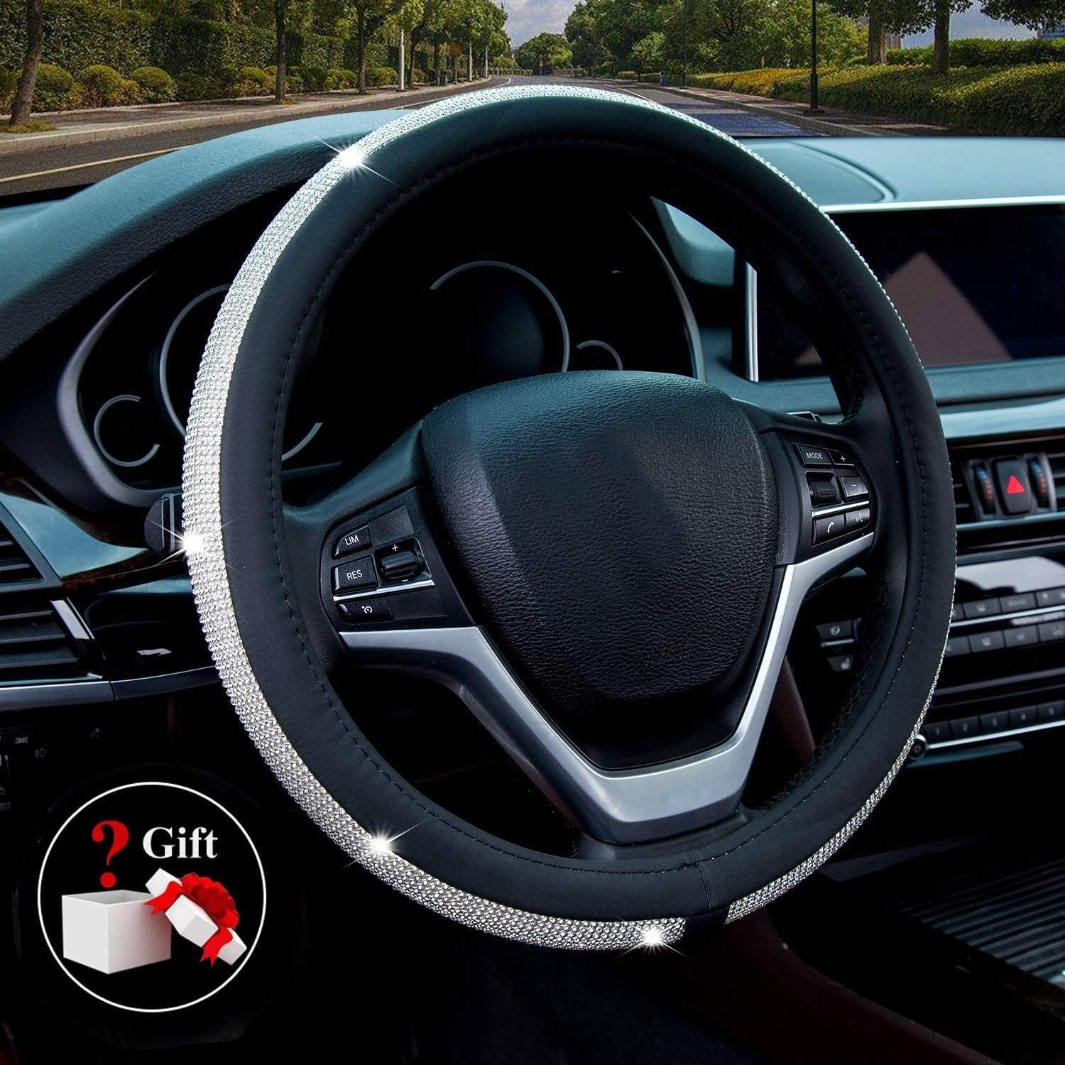 New Diamond Leather Steering Wheel Cover with Bling Crystal Rhinestones