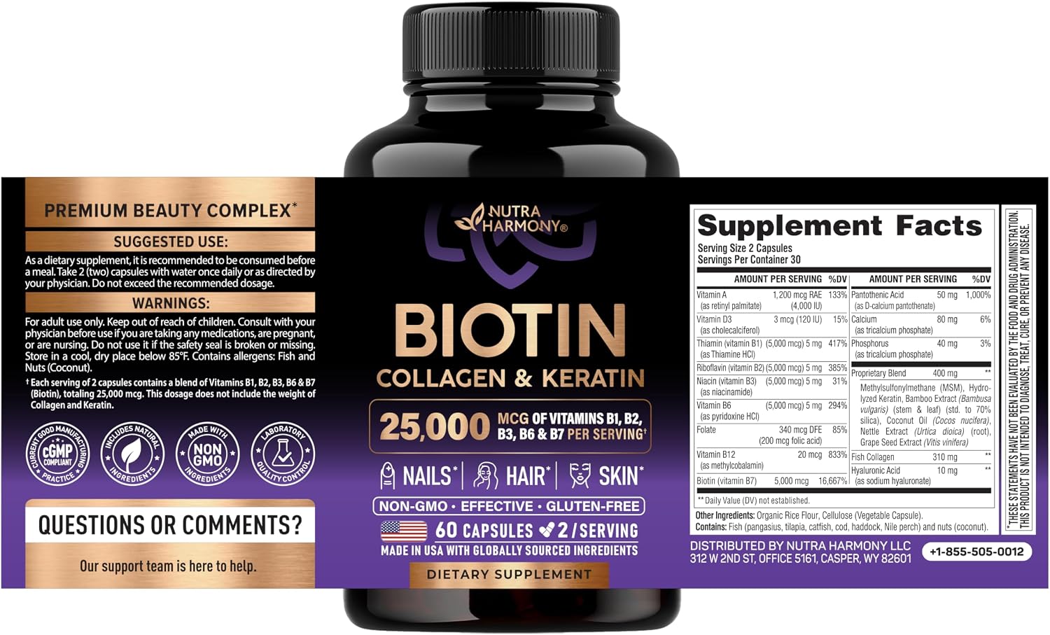 Biotin, Collagen, Hyaluronic Acid & Keratin - Hair Growth Support - 60 Caps