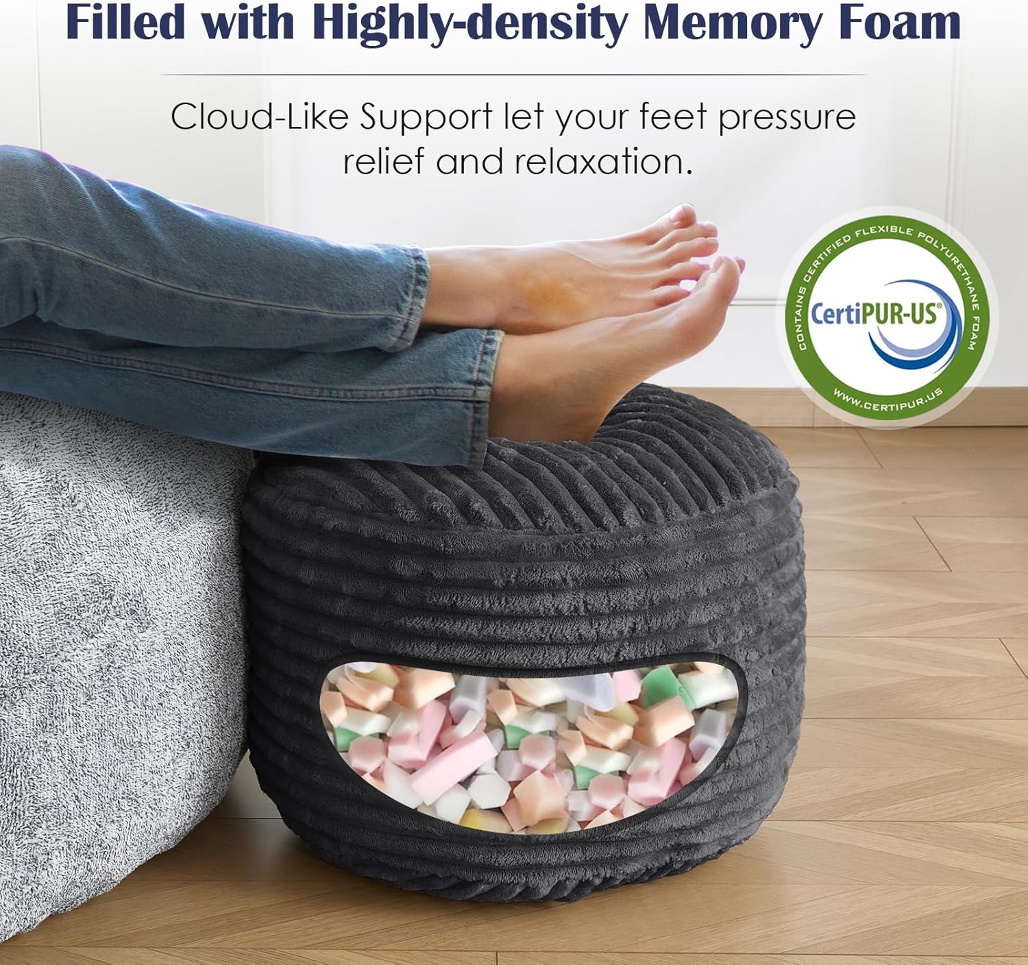 Round Pouf Ottoman,Corduroy Foot Rest,Dark Grey,18x14 in