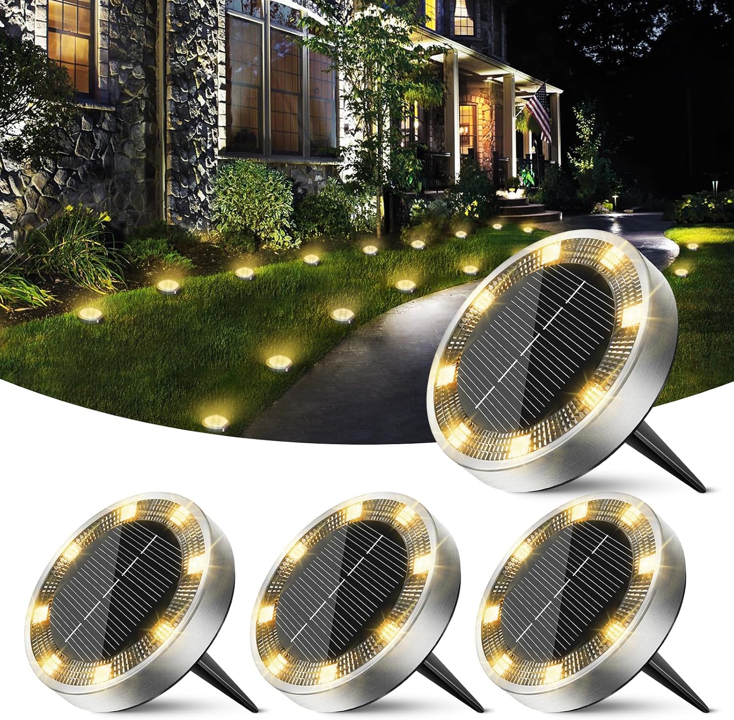 Peasur Mini Solar Ground Lights Outdoor, 4 Pack Flat Solar Powered Disc Lights, IP68 Waterproof, Anti-Rust, Landscape Lighting for Pathway Garden Yard Lawn Walkway Landscape Driveway, Warm White