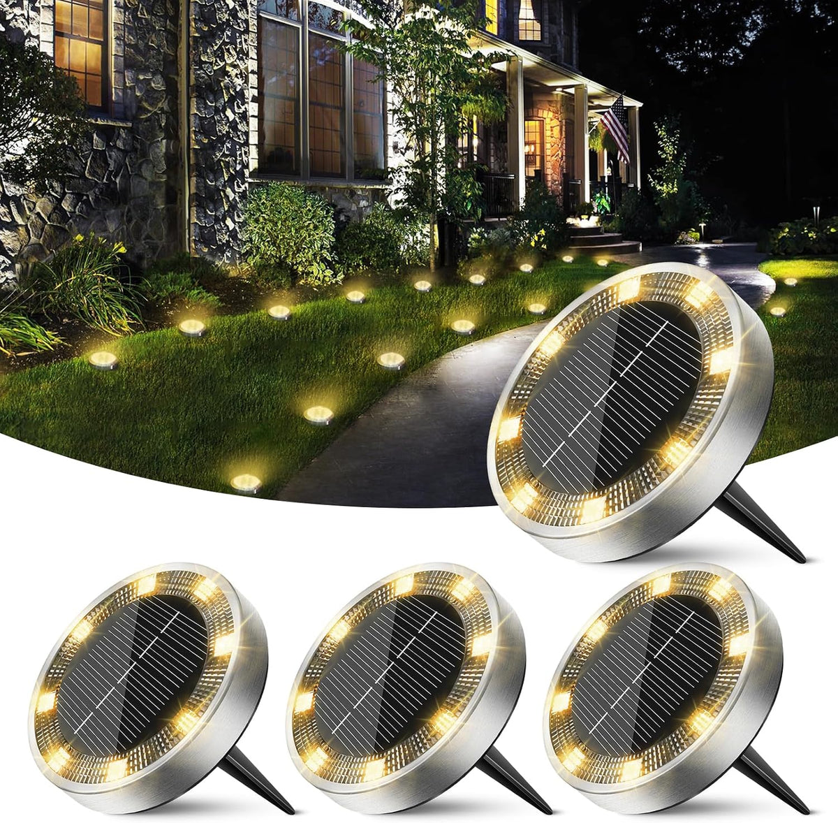 Peasur Mini Solar Ground Lights Outdoor, 4 Pack Flat Solar Powered Disc Lights, IP68 Waterproof, Anti-Rust, Landscape Lighting for Pathway Garden Yard Lawn Walkway Landscape Driveway, Warm White
