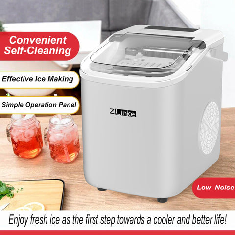 Countertop Ice Maker, Ice Maker Machine 6 Mins 9 Bullet Ice, 26.5lbs/24Hrs, Portable Ice Maker Machine with Self-Cleaning, Ice Scoop, and Basket （White）