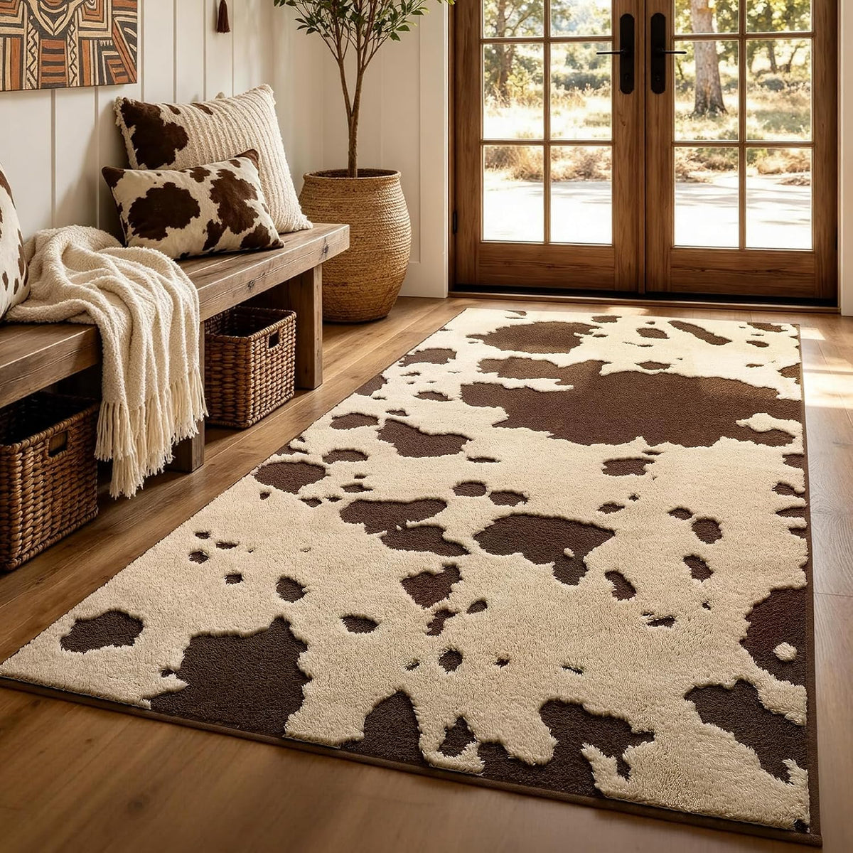 YIHOUSE Cowhide Entryway Rugs 3x5 Ft, Washable Plush Soft Brown and Cream Cow Rug, Non-Slip High-Low Pile Animal Small Area Carpet for Bedside, Living Room, Door Entrance, Home Decor