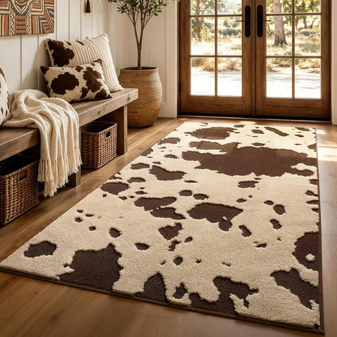YIHOUSE Cowhide Entryway Rugs 3x5 Ft, Washable Plush Soft Brown and Cream Cow Rug, Non-Slip High-Low Pile Animal Small Area Carpet for Bedside, Living Room, Door Entrance, Home Decor
