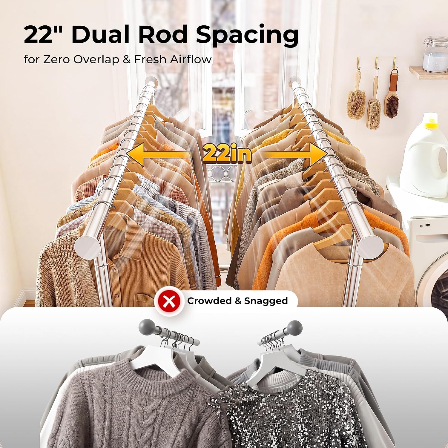 HOKEEPER Clothes Rack Heavy Duty Clothing Rack Load 650 LBS Collapsible Garment Rack with Wheels Double Rod Clothes Rack for Hanging Clothes Commercial Portable Closet Rack with Shelves 22"D*75"W*68"H