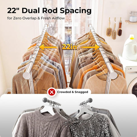 HOKEEPER Clothes Rack Heavy Duty Clothing Rack Load 650 LBS Collapsible Garment Rack with Wheels Double Rod Clothes Rack for Hanging Clothes Commercial Portable Closet Rack with Shelves 22"D*75"W*68"H