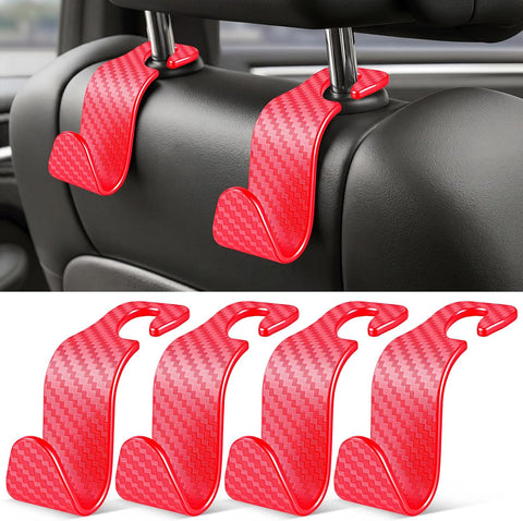 SINGARO Universal 4 Pack Car Seat Headrest Purse Hook, Carbon Fiber Back Seat Hook Storage Organizer Hanger for Purse Handbag Coat, Car Interior Accessories(Red)