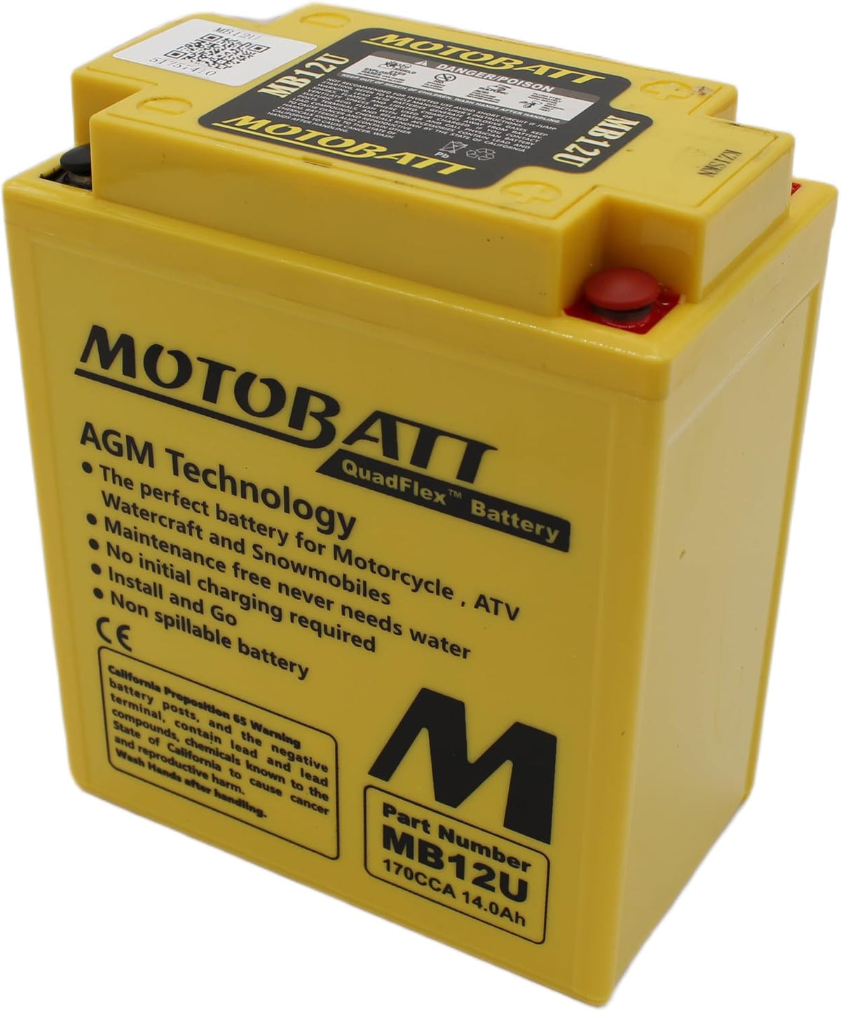 MotoBatt MB12U (12V 15 Amp) 160CCA Factory Activated QuadFlex AGM Battery Large
