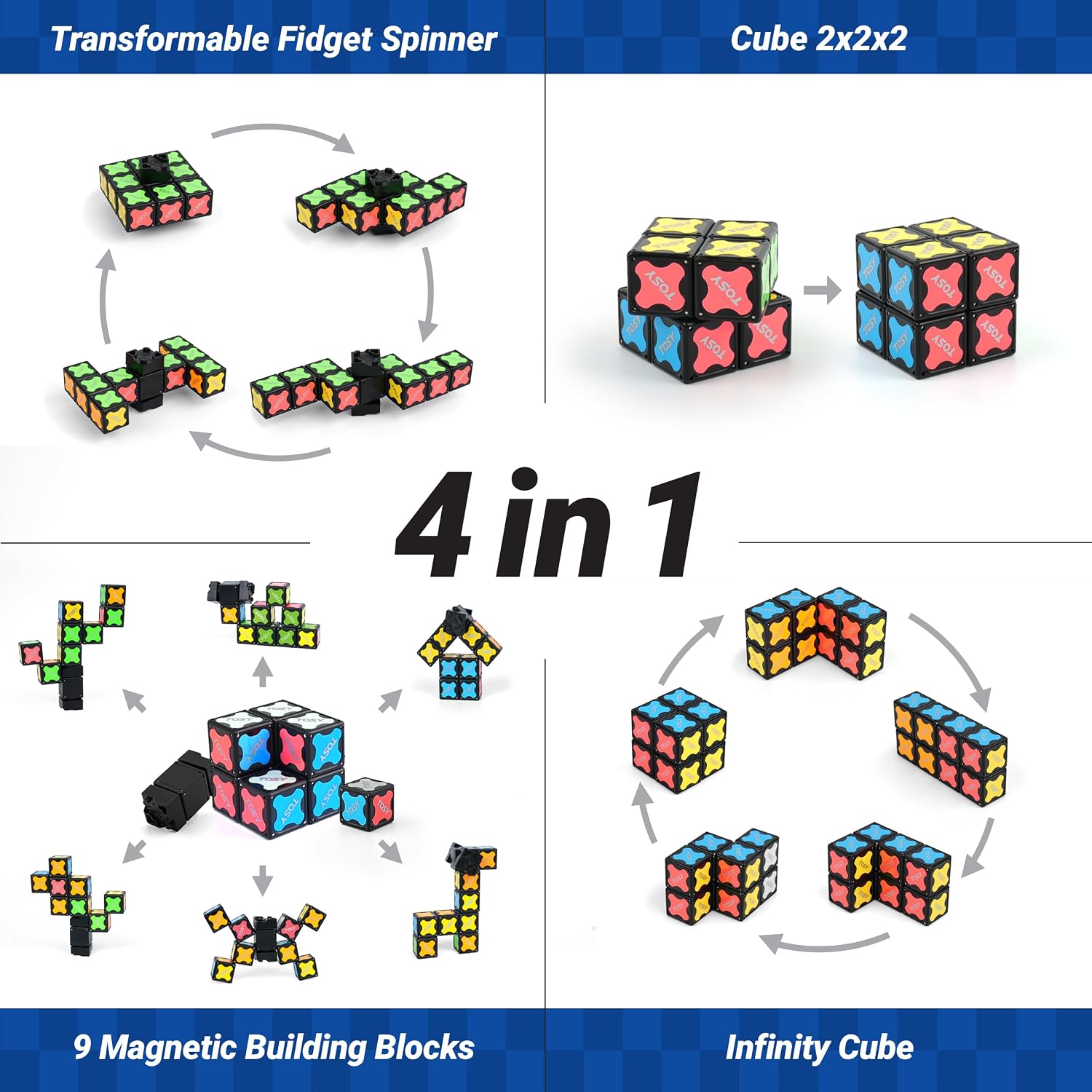 TOSY Magnet Fidget Spinner Mini - 8 Blocks, 3 in 1 Toy: Transformable Fidget Spinner, Infinity Cube, 2x2 Puzzle Cube, Easter Basket Stuffers for Kids/Adults, STEM Sensory Stress Relief Toy