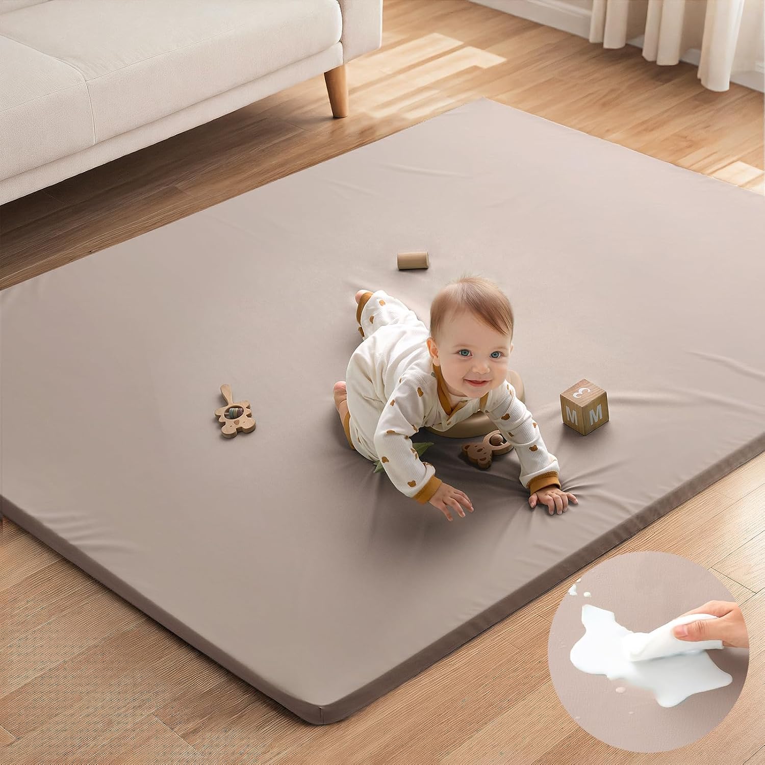 Blissful Diary Vegan Leather Baby Play Mat, 71''x59'', Taupe