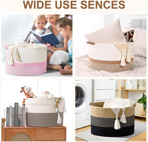 67L Large Blanket Basket, 20"x13" Woven Storage Baskets With Handle, Cotton Rope Blanket Basket Living Room, Baby Laundry hamper for Blanket, Nursery, Toy, Pillow (White)