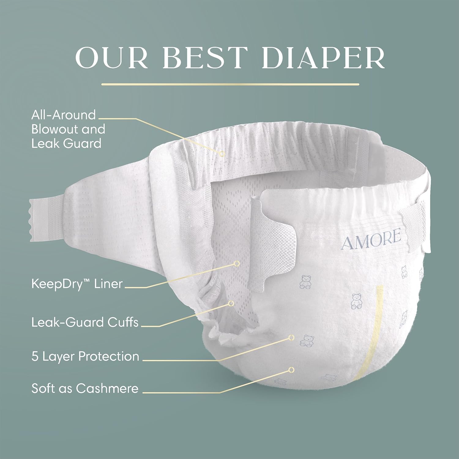 Pampers Amore, Size 6 (23-44 lbs), 108 Count, Our Best Diaper – Hypoallergenic & Fragrance Free, Up to 100% Leakproof, Soft as Cashmere