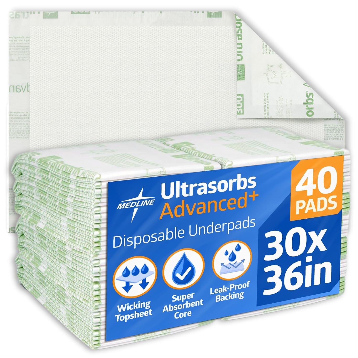 Medline Advanced Plus Ultrasorbs Drypads, 30" x 36", 23” x 36”, 40 Count, Extended Core Disposable Bed Pads, Wider Area Super Absorbent Incontinence Pads, Adult Protective Pads, 300 lb Weight Capacity