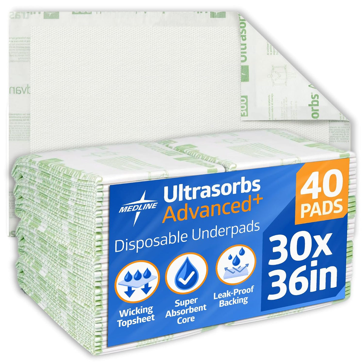 Medline Advanced Plus Ultrasorbs Drypads, 30" x 36", 23” x 36”, 40 Count, Extended Core Disposable Bed Pads, Wider Area Super Absorbent Incontinence Pads, Adult Protective Pads, 300 lb Weight Capacity