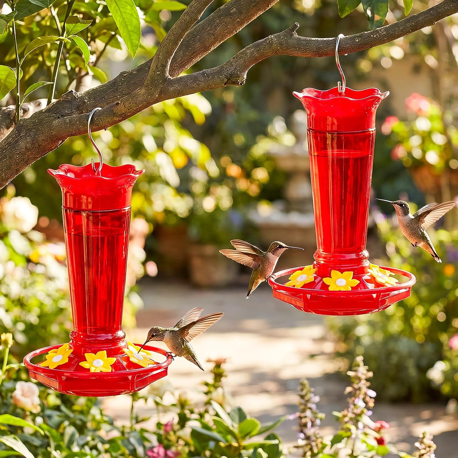 Gbekery 10 OZ Glass Hummingbird Feeders for Outdoors Hanging - Red 2 Pack, Ant & Bee Proof and 6 Feeding Ports, Garden Yard Décor Gifts for Mom