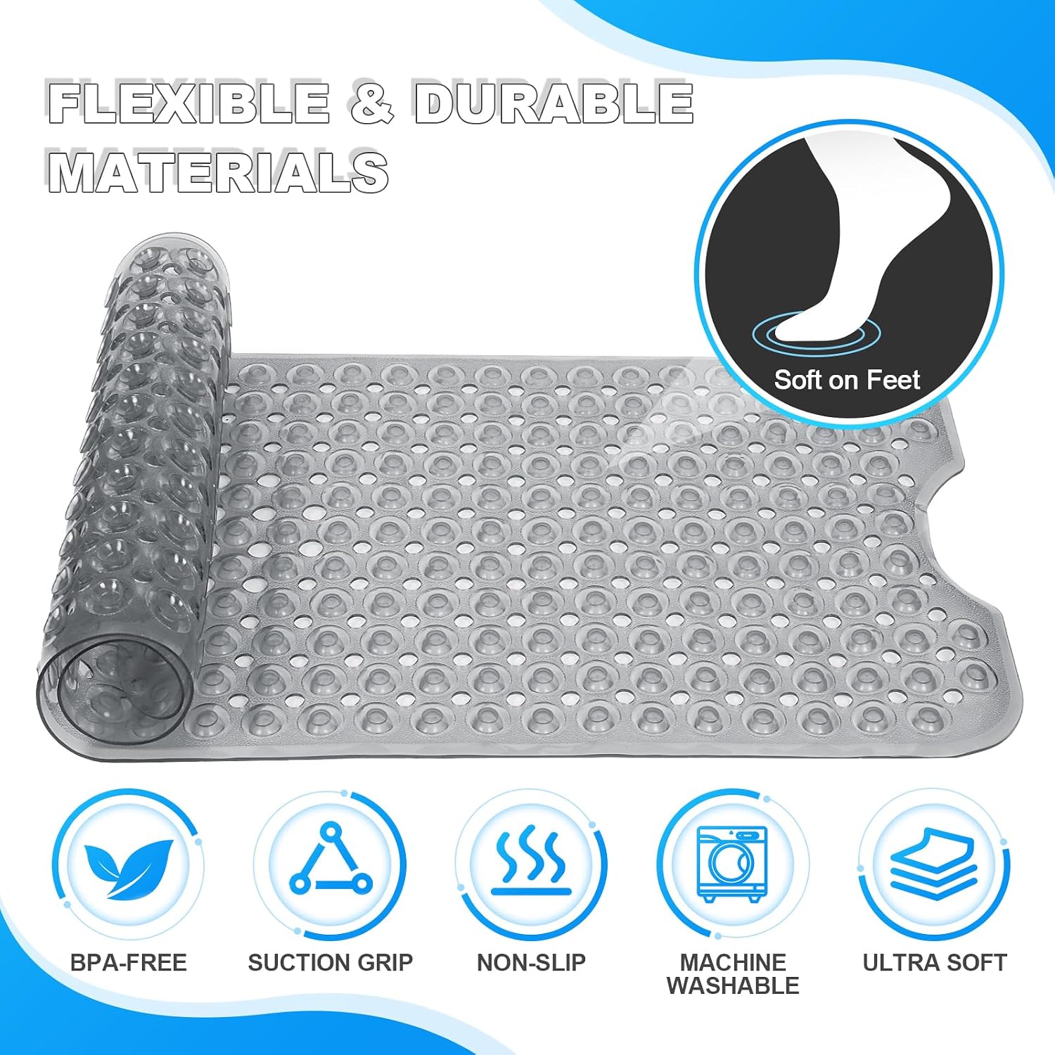 Bathtub and Shower Mats, 40x16 Inch Extra Large Non Slip Soft Bath Tub Mat with Suction Cups and Drain Holes for Bathroom Floor and Keep Tubs Clean, Machine Washable, Clear Gray