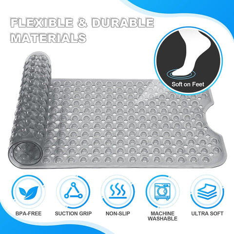 Bathtub and Shower Mats, 40x16 Inch Extra Large Non Slip Soft Bath Tub Mat with Suction Cups and Drain Holes for Bathroom Floor and Keep Tubs Clean, Machine Washable, Clear Gray