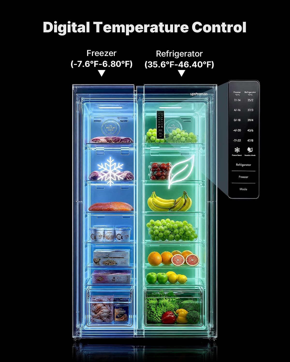 Upstreman 18.8 Cu.Ft Side By Side Refrigerator 36 Inch Counter Depth Full Size Fridge Black Kitchen Fridge SBS188