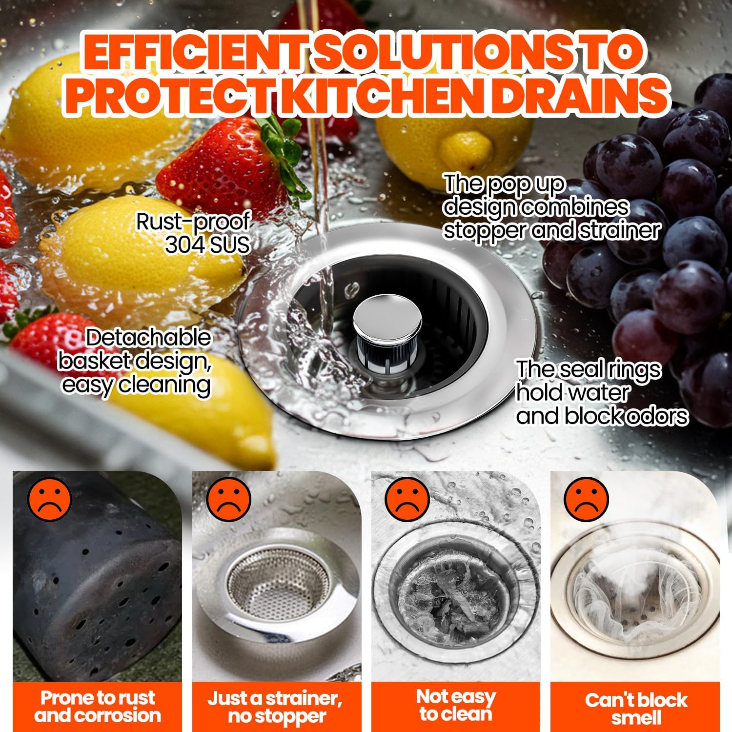 3 in 1 Kitchen Sink Drain Strainer Stopper Basket Pop Up Black