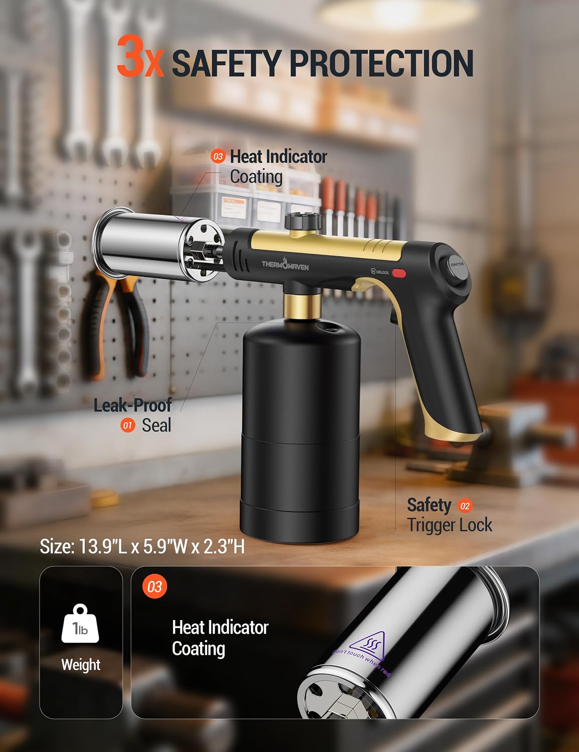 ThermoMaven Propane Torch Gun, One-Touch Max Fire Flame Thrower, Gold