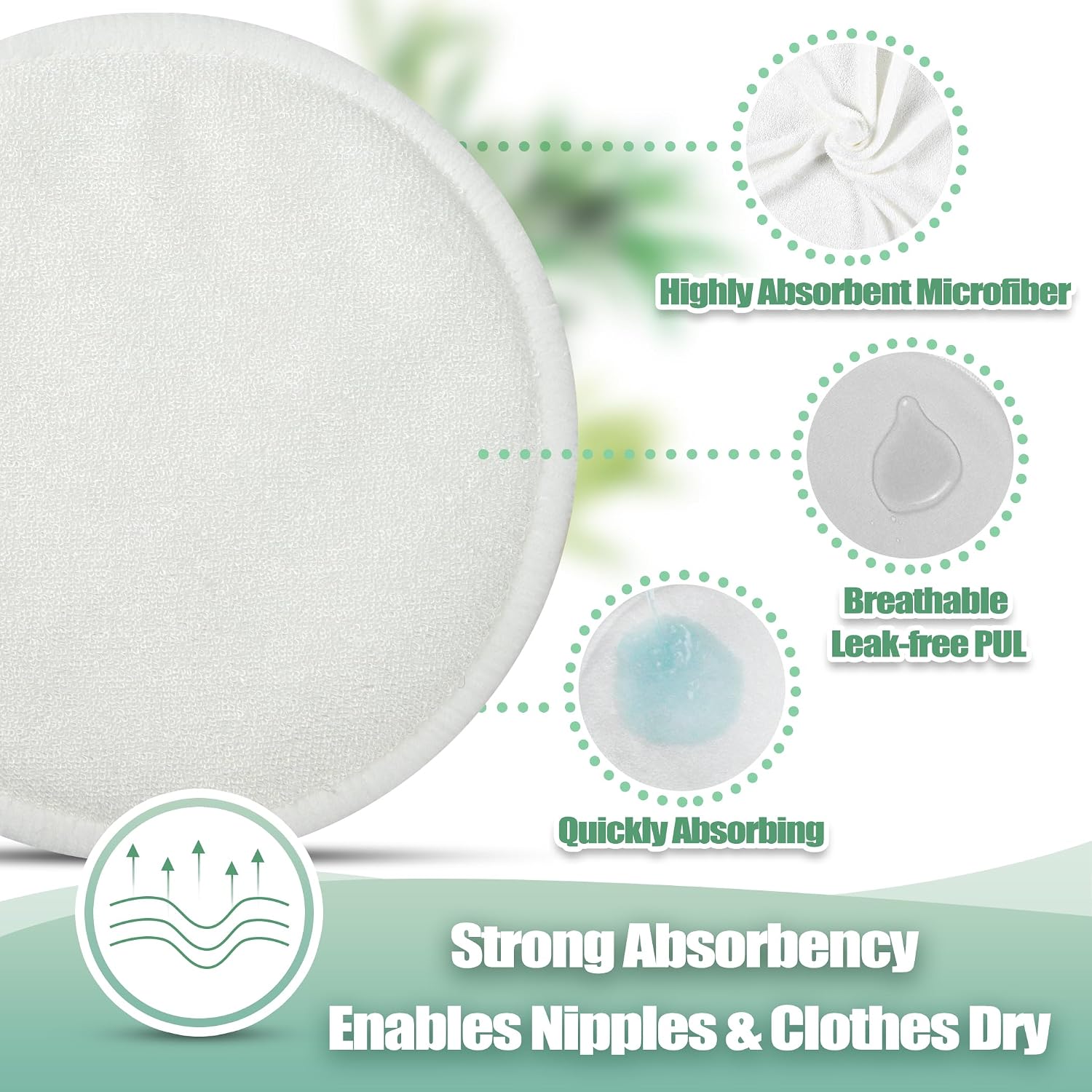 wegreeco Nursing Breast Pads (14 Pack) + Laundry Bag & Travel Storage Bag, 4.7 inch Option - Washable & Reusable Breastfeeding Nursing Pads (Bean Paste Green, Plain Shape)