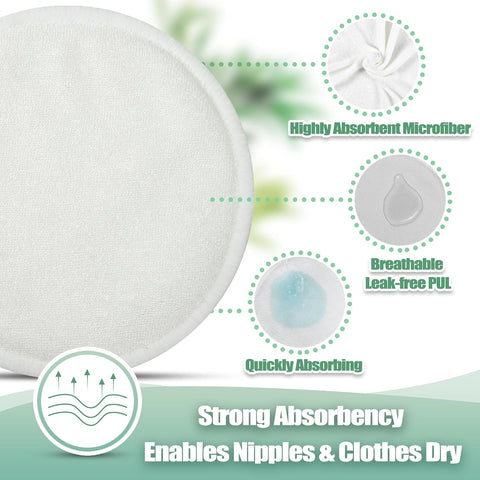 wegreeco Nursing Breast Pads (14 Pack) + Laundry Bag & Travel Storage Bag, 4.7 inch Option - Washable & Reusable Breastfeeding Nursing Pads (Bean Paste Green, Plain Shape)